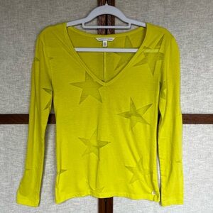 Victoria's Secret Lime Yellow Star Long Sleeve V-Neck Top with Sheer Stars - XS
